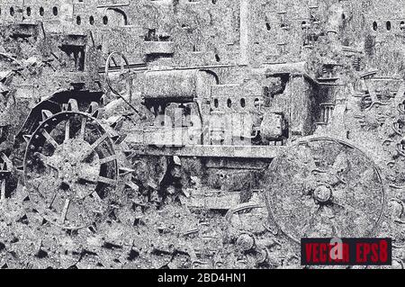 Distress old rusted peeled, scrathed vector texture with corrugated metal historical retro tractor. EPS8 illustration. Black and white grunge backgrou Stock Vector