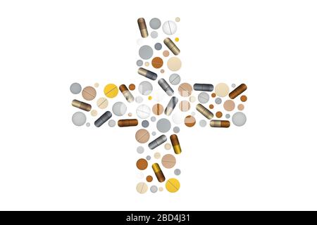 Cross silhouette with tablets. Medical design. Vector illustration. Stock Vector