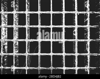 Distress old rusted peeled, scrathed vector texture with metal net, wire, cage, crossed stripes. EPS8 illustration. Black and white grunge background. Stock Vector