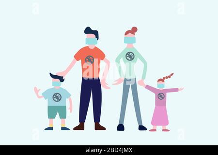 Healthy family wear surgical mask to protect coronavirus or other respiratory pathogen infection. Stock Vector