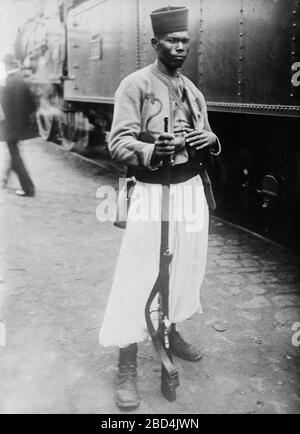 A tirailleur, an infantry man in uniform from an army from French Equatorial Africa, possibly Senegal, preparing to assist France during World War I ca. October 1914 Stock Photo