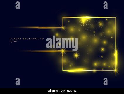 Abstract gold glitter sparkle trail effect glowing magic square frame shape on dark blue background. Luxury style. Vector illustration Stock Vector