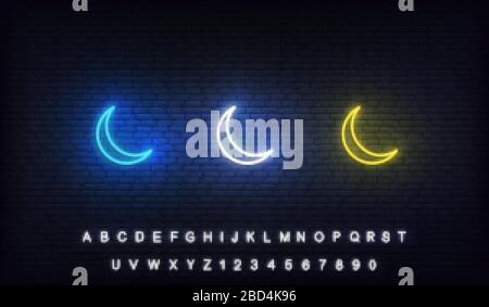 Islamic Crescent moon neon. Set of Ramadan neon colorful crescent moon Stock Vector