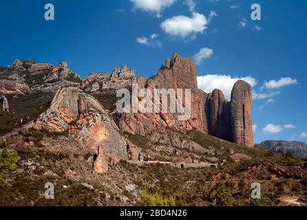 Mallos de Riglos rock formations near Huesca, Aragon, Spain Stock Photo