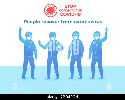 Stop COVID-19. People in protective clothing. Blue suit with glasses on a white background. Quarantine security staff at full height. Vector flat Stock Vector