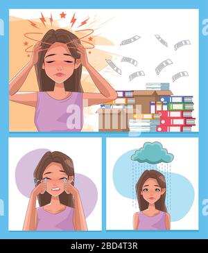 group of women with stress symptoms and pile documents Stock Vector