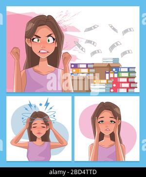 group of women with stress symptoms and pile documents Stock Vector