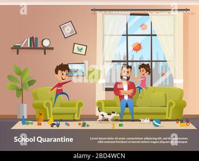 Father Sits with Children Home School Quarantine Stock Vector