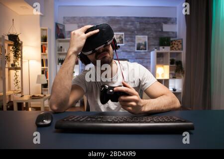 Man Streaming Multiplayer Online First Person Shooter on Pc while Gaming  Girl is Fighting in Virtual Reality Game Stock Photo - Image of headphones,  stream: 259471122