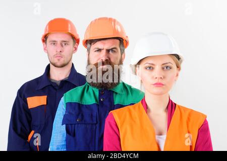 Diversity in collective concept. Woman and men in hard hats Stock Photo ...