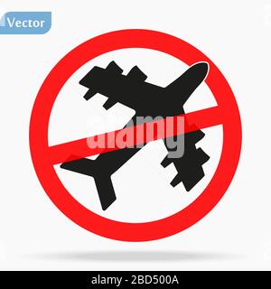 Stop travel. Forbidden sign Planes Don t Fly. Coronavirus covid-19. No Airplane black silhouette icon. Stop flight. Red prohibition. Flight Stock Vector