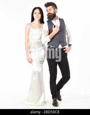 Bearded hipster with bride dressed up for wedding ceremony. Woman