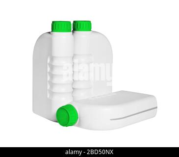 Plastic Containers for Engine Lubricants on White Background Stock Photo