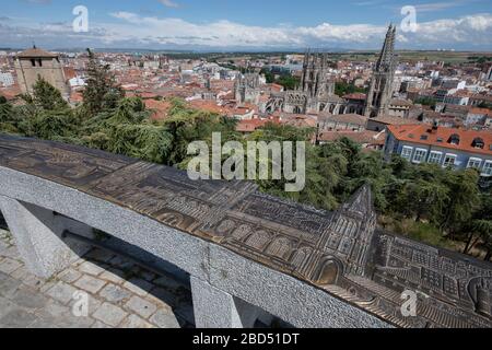 Engraving describing landmarks at viewpoint of Cathedral of Saint Mary of Burgos (UNESCO World Heritage Site), Burgos, Castile and León, Spain, Europe Stock Photo