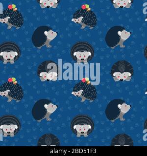 Seamless pattern with hedgehog on the background of a tree, plant, bush and different elements. Vector illustrations in the Scandinavian style. Stock Vector