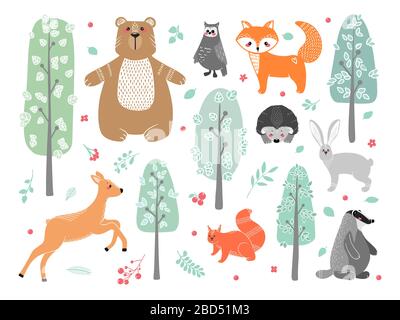 Cute animals: fox, badger, squirrel, owl, deer, doe, roe deer, hare, rabbit, hedgehog bear and different elements Illustration hand drawn in scandinav Stock Vector