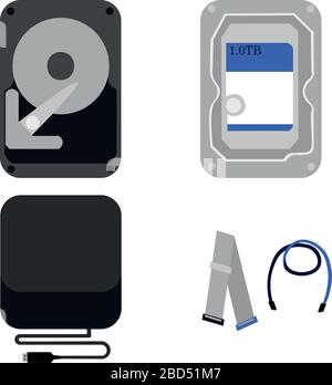 HDD. Internal and external hard drive. Cables and wires. Electronic memory. Storage. Detail for a computer. Stock Vector