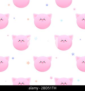 Cute Kawaii Pig, Piglet. Animal seamless pattern. Vector illustration Stock Vector