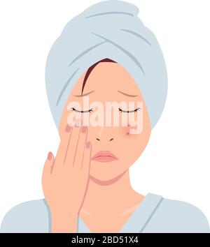 Young asian woman face vector illustration (just out of the bath) / acne, treckles Stock Vector