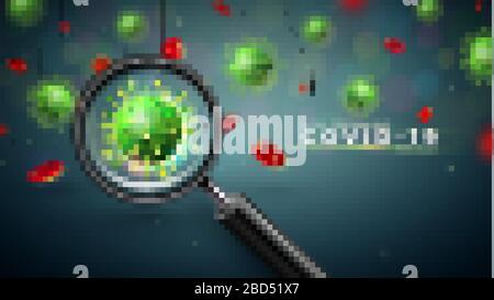 Covid-19. Coronavirus Outbreak Design with Virus, Blood Cell and Magnifying Glass in Microscopic View on Dark Background. Vector 2019-ncov Corona Stock Vector