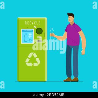 Recycling. People put bottles in vending machine. Reuse vector illustration Stock Vector