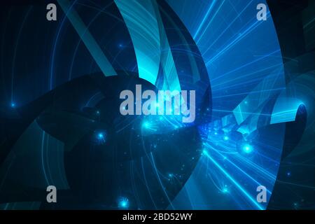 Neon glowing lines and shapes flying in the space. Geometric sci-fi structure. Abstract creative modern background Stock Photo