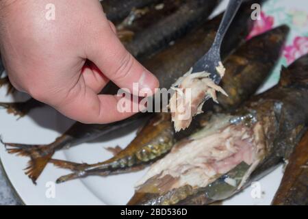 Smoked fresh fish mackerel lies hot on a ceramic plate Stock Photo