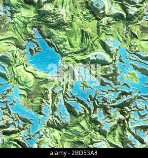 Mountains seamless texture Aerial view from air plane with blue rivers valley. Travel flight concept 3d illustration background Stock Photo