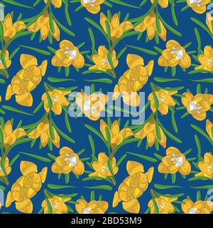 Hand drawn yellow crocus flowers seamless floral pattern. Vector illustration Stock Vector