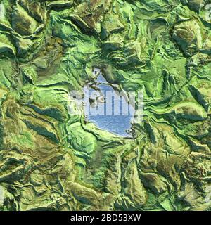 Mountains seamless texture Aerial view from air plane with blue lake in the middle. Travel flight concept 3d illustration background Stock Photo