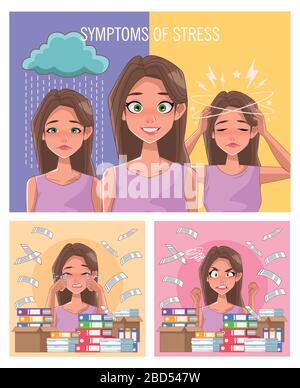 group of women with stress symptoms and pile documents Stock Vector