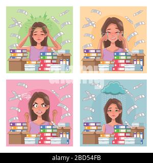 group of women with stress symptoms and pile documents Stock Vector