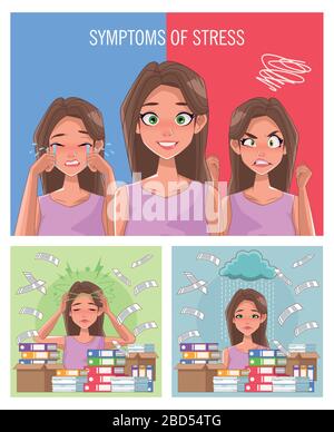 group of women with stress symptoms and pile documents Stock Vector