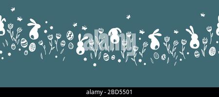 Cute hand drawn Easter horizontal seamless pattern with bunnies, flowers, easter eggs, beautiful background, great for Easter Cards, banner, textiles, Stock Photo