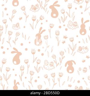 Cute hand drawn Easter seamless pattern with bunnies, flowers, easter eggs, beautiful background, great for Easter Cards, banner, textiles, wallpapers Stock Photo