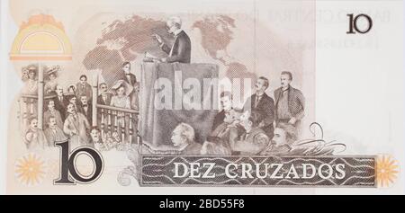The back of a Brazilian banknote from 1986, 10 Dez Cruzados Stock Photo
