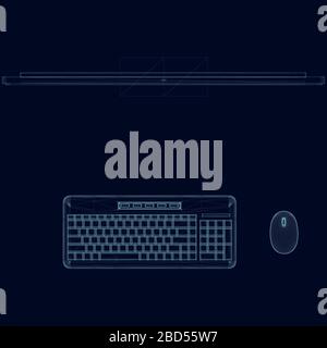 Computer wireframe made of blue lines on a dark background. Monitor, keyboard and mouse. View from above. Vector illustration. Stock Vector