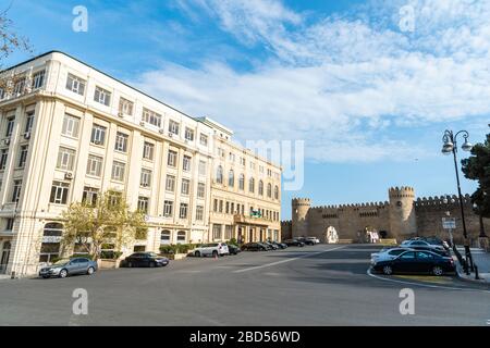 Baku, Azerbaijan – April 6, 2020. Street view on intersection of Istiglaliyyat and Aziz Aliyev streets in Baku, with the Constitutional Court building Stock Photo