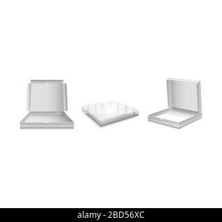 Pizza box vector mock up. Vector set of white cardboard pizza boxes. Stock Vector