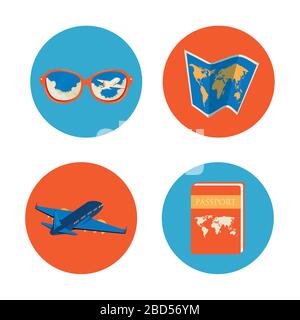 paper map with set icons in frames circular Stock Vector