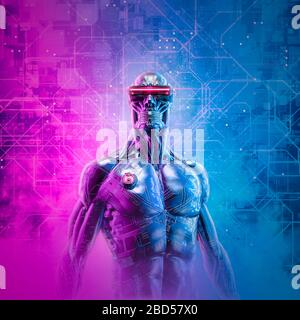 Virtual visions reloaded / 3D illustration of male science fiction robot wearing futuristic glasses on abstract technology background Stock Photo