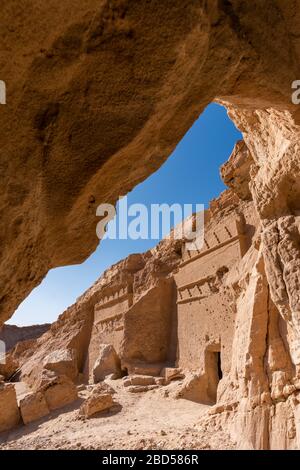 Nabatean tombs from inside a cave in Al Bad', Saudi Arabia Stock Photo