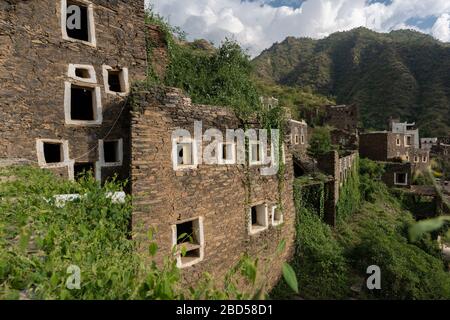 Plants on ruins of Rijal Alma historical village in Saudi Arabia Stock Photo