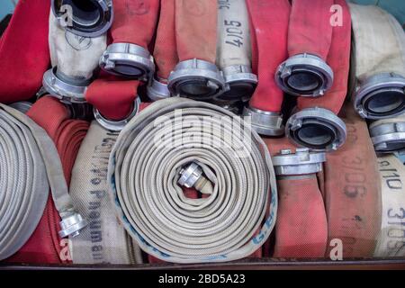 06 April 2020, Saxony-Anhalt, Arneburg: Fire hoses are stored in the fire brigade technical centre (FTZ) of the district of Stendal. New hoses are stored in the FTZ and old hoses are checked and washed. In the afternoon the converted hose washing facility of the FTZ was put into operation. The hose washing is basically the washing machine for fire hoses. The FTZ cleans and tests about 10.000 of these fire hoses per year. In the district of Stendal up to 16,000 hoses are in use by the fire brigades. Each hose has to be washed after each deployment. Photo: Klaus-Dietmar Gabbert/dpa-Zentralbild/Z Stock Photo