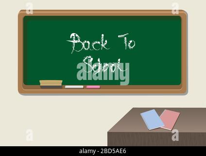 Vector illustration of retro style classroom with books on desk and Back to School written with chalk on blackboard. Stock Vector