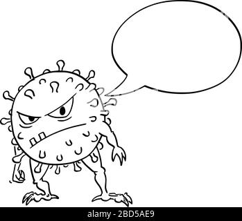 Vector cartoon funny illustration of funny crazy coronavirus COVID-19 virus monster with empty speech bubble saying something. Stock Vector