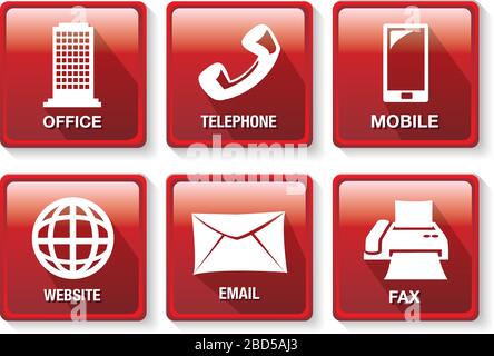 Set of six vector illustrations of red square buttons on business contact methods and  communication theme isolated on white background. Stock Vector
