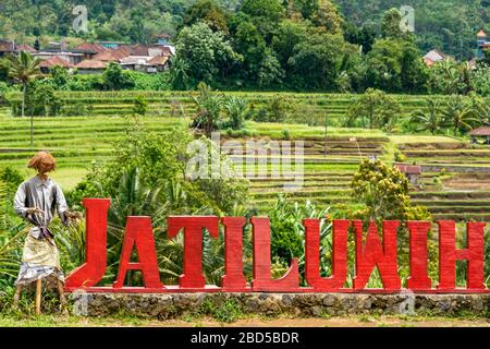 Horizontal view of the sign at Jatiluwih rice terraces in Bali, Indonesia. Stock Photo