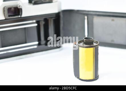 film badge and camera opened back cover on white background Stock Photo