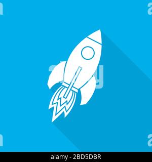 White rocket icon in flat design. Vector illustration. Symbol of rocket with long shadow on blue background. Stock Vector